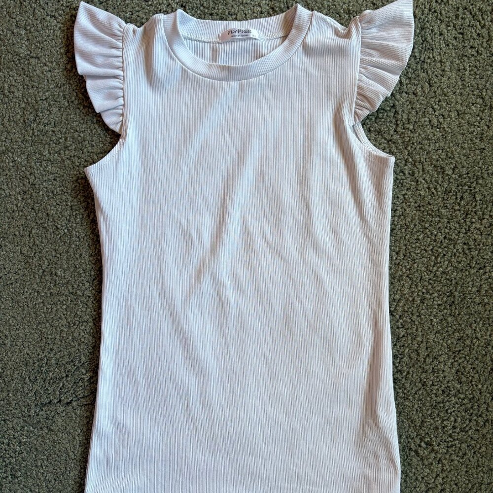 FLY PIGS Girls White Ribbed Ruffle Sleeve Top 150 10/12